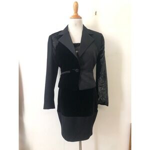 Randolph Duke silk velvet blend blazer mini black strapless dress duo set suit